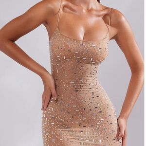 Sheer Embellished Scoop Neck Evening Gown in Almond
